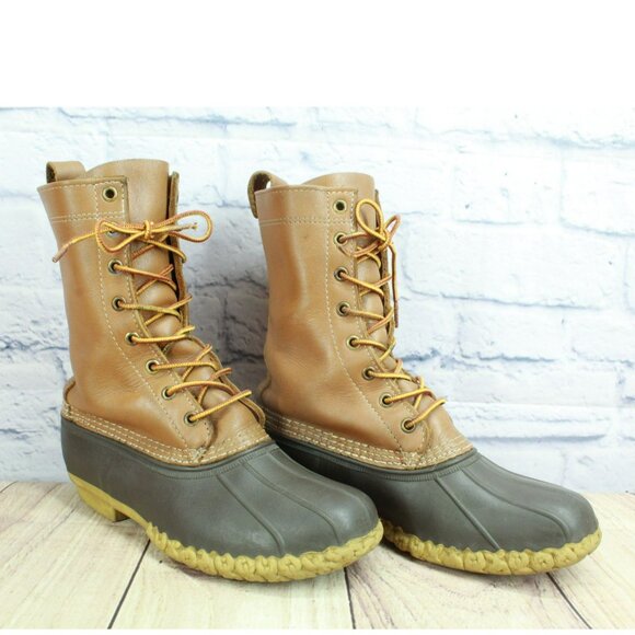 LL Bean Lace Up Unlined Mid Calf Duck Boots Brown Leather Round Toe Size 8 M - Picture 3 of 10